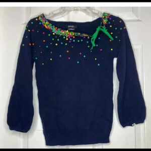 Woman GAUGE. navy Blue Green 100% Wool Sequin 3/4 Sleeve Sweater Sz Medium
